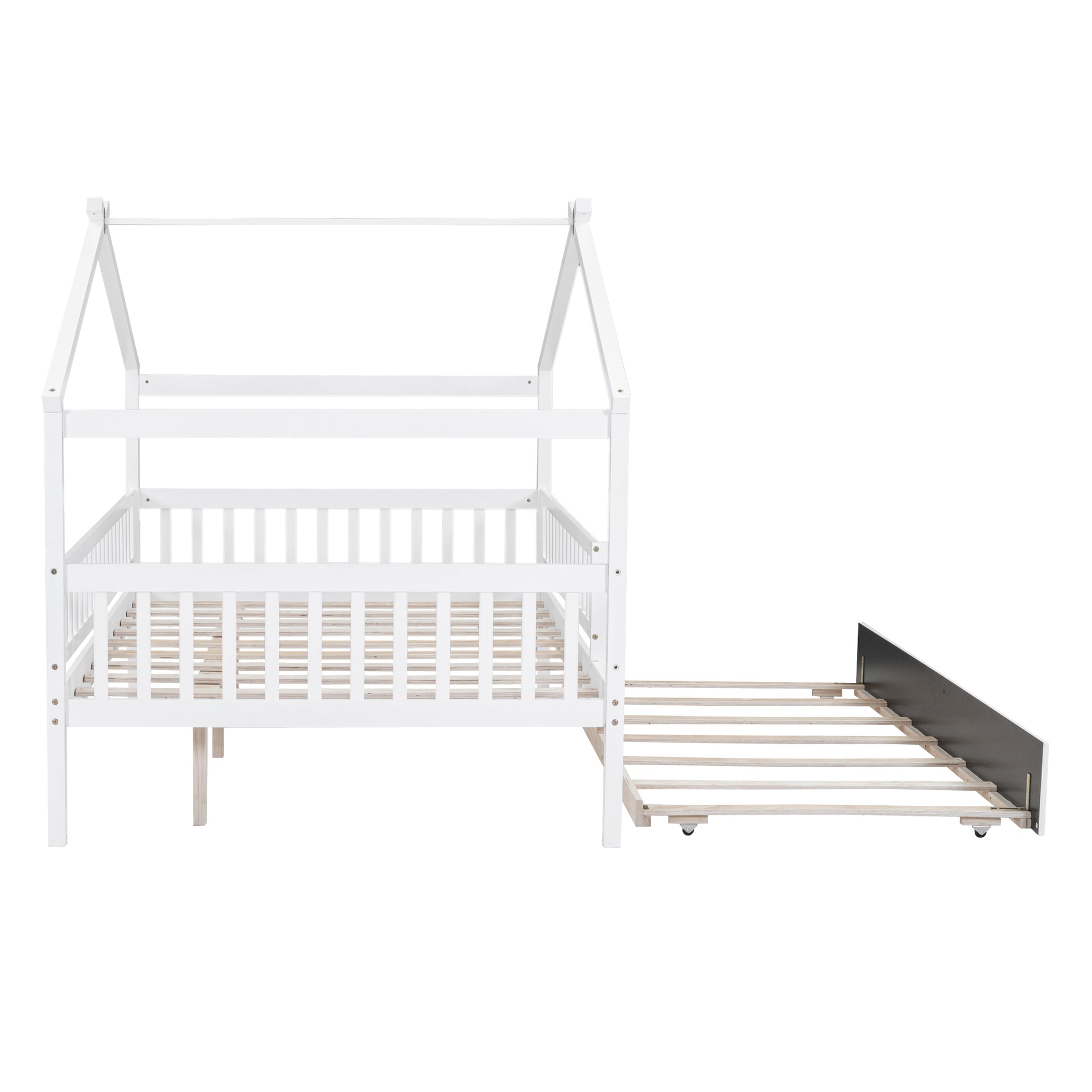 Full Size Wooden House Bed With Twin Size Trundle, White Full White Solid Wood Mdf
