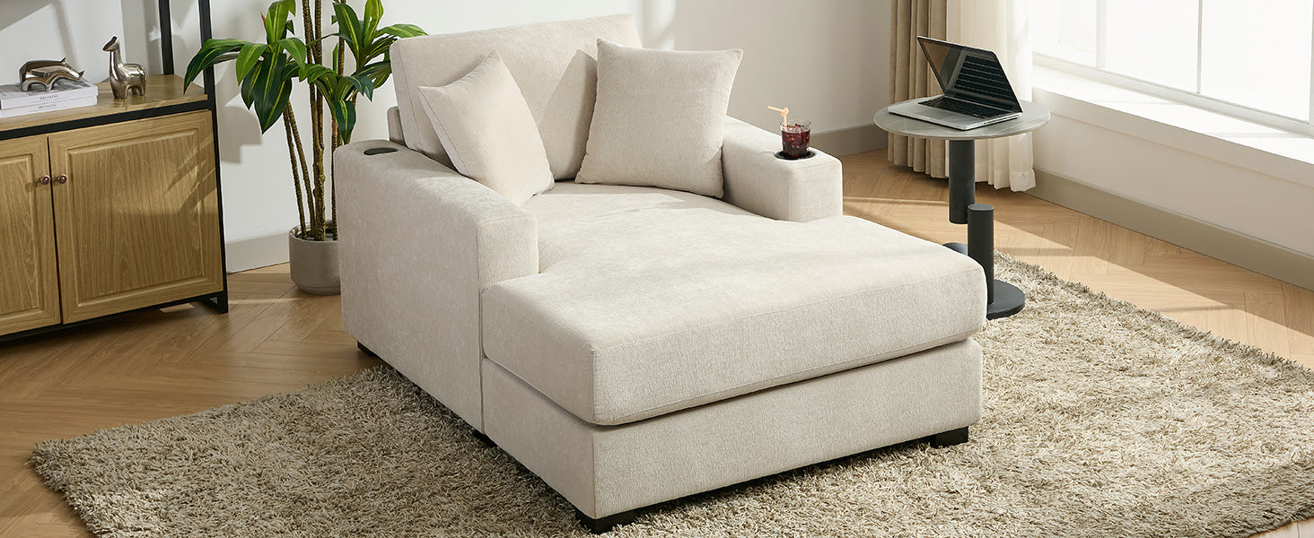 43.5" Oversized Chaise Lounger Modern Style Sofa Couch ,With Pillows, Charge Station & Cup Holders, Chenille Fabric, Cream Cream Chenille