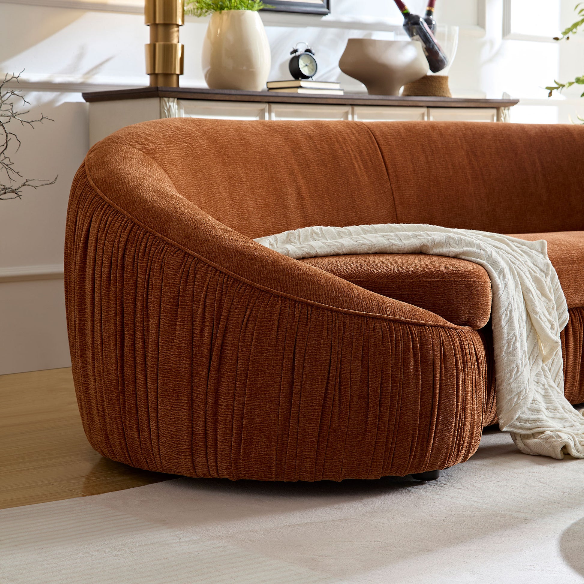 92.13 Inch Modern Design Curved Shaped Sofa Couch For Living Room,Upholstered Fabric 4 Seat Sofa No Need To Assembly Couch For Apartment,Orange Orange Polyester 4 Seat