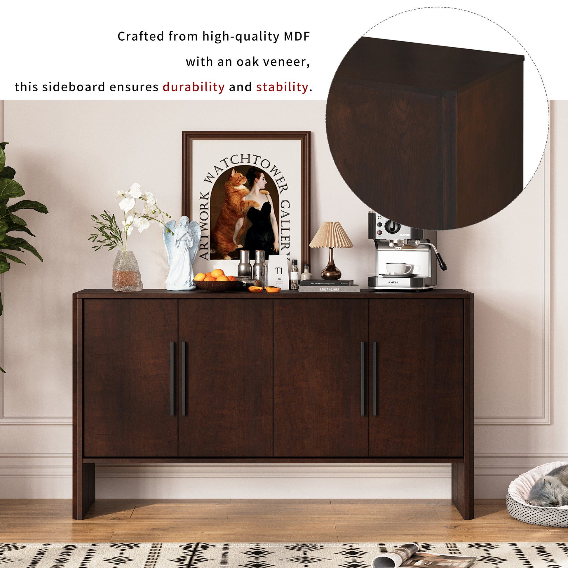4 Door Large Storage Retro Sideboard With Adjustable Shelves And Long Handles For Kitchen, Dining Room And Living Room Espresso Espresso Mdf