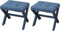 Set Of 2 Silver Modern Chic Vanity Stool Upholstered Chair Soft Linen Fabric Trim Tufted Seat And Solid Wood Frame Blue Blue Vanity Stools Polyester Bedroom Rectangular Blue Traditional Nailheads Wood