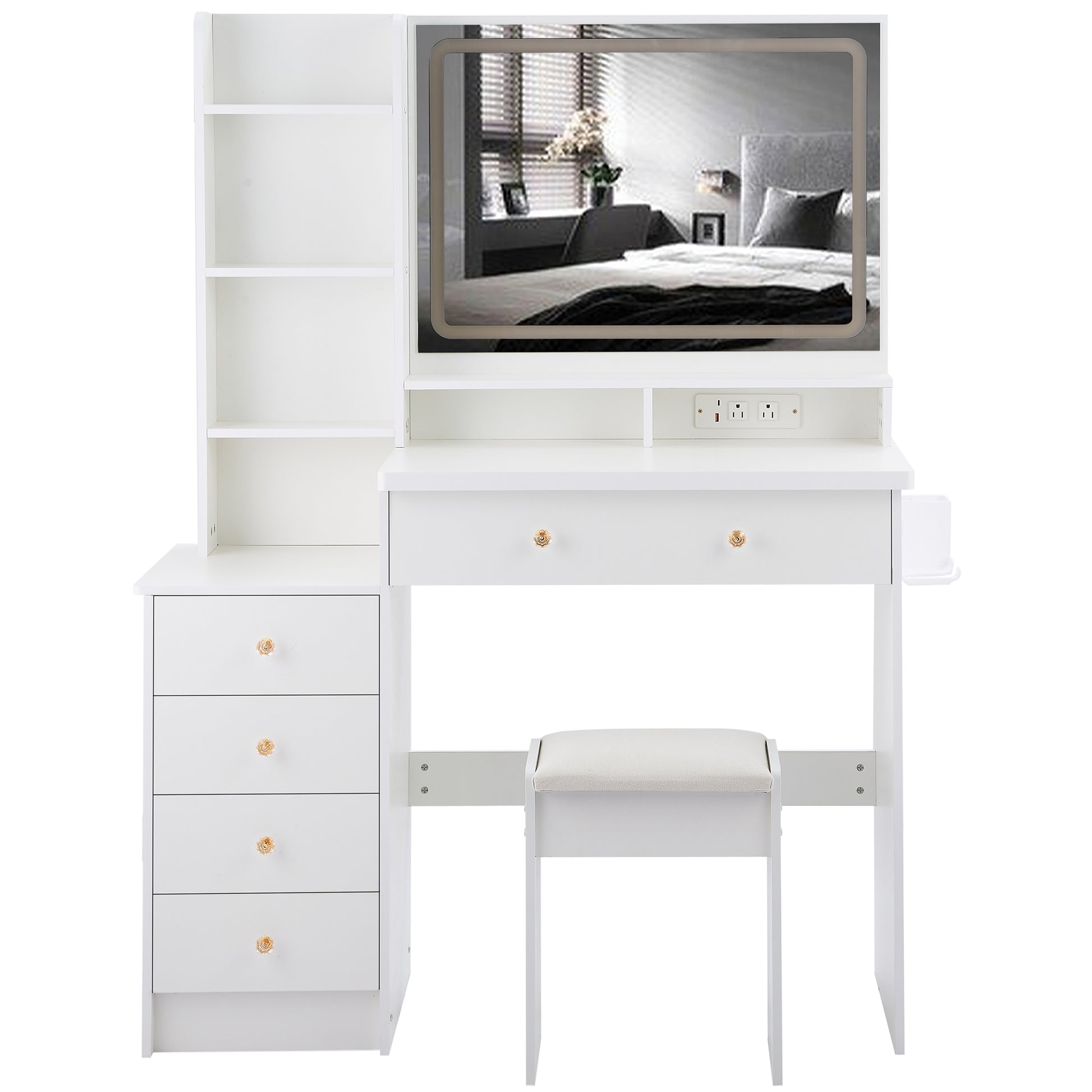 41" Large Size Left Bedside Cabinet Vanity Table Cushioned Stool Dresser Set, 2 Ac 2 Usb Power Station, Hair Dryer Stand, Extra Large Touch Control Led Mirror, 3 Color Switch, Epa, Gcc, Ul
