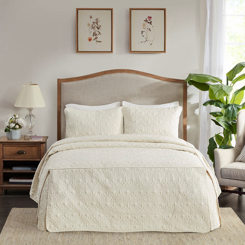 3 Piece Split Corner Pleated Quilted Bedspread Cream King Cream Polyester