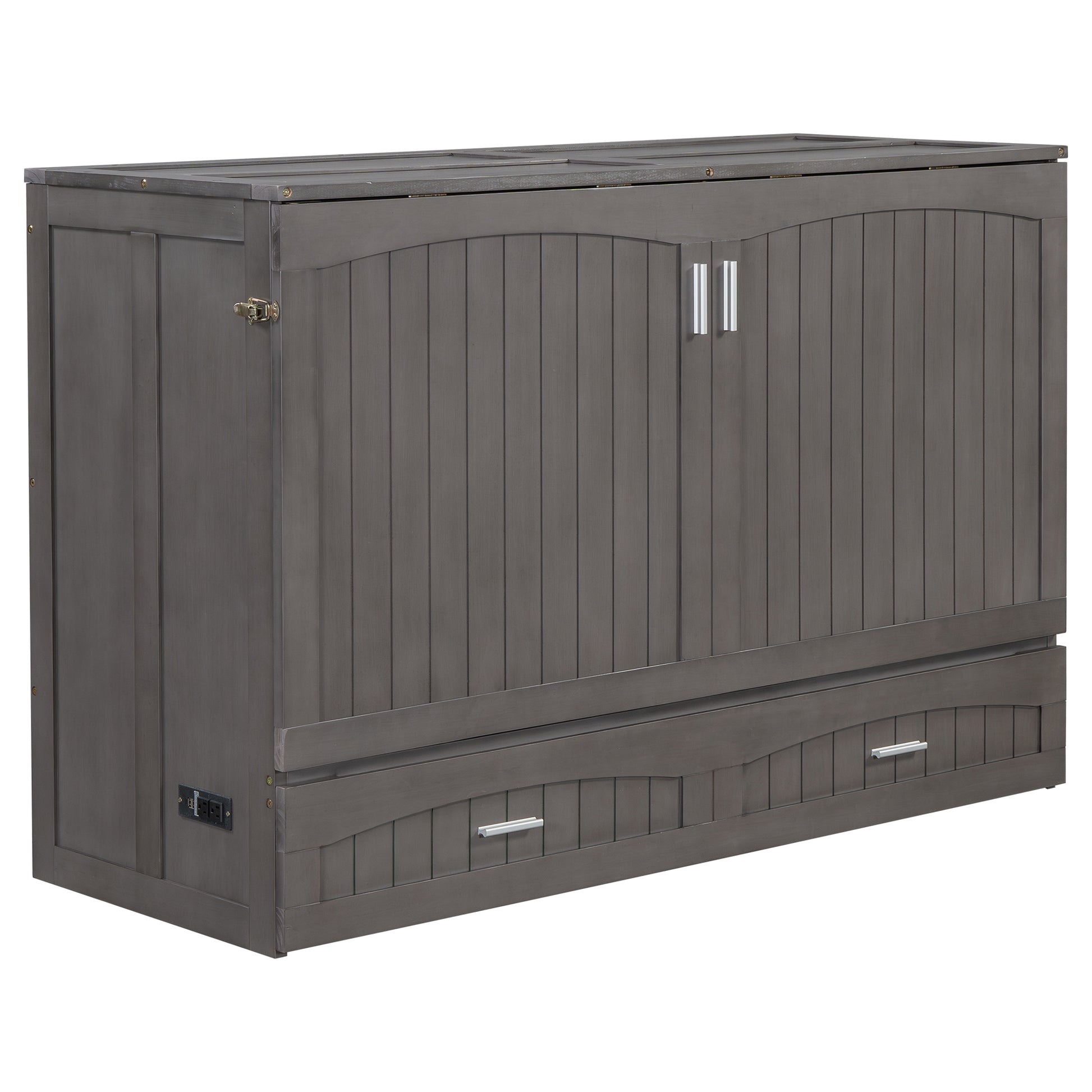 Queen Size Murphy Bed With Built In Charging Station, Antique Grey Box Spring Not Required Queen Antique Gray Wood Pine Wood