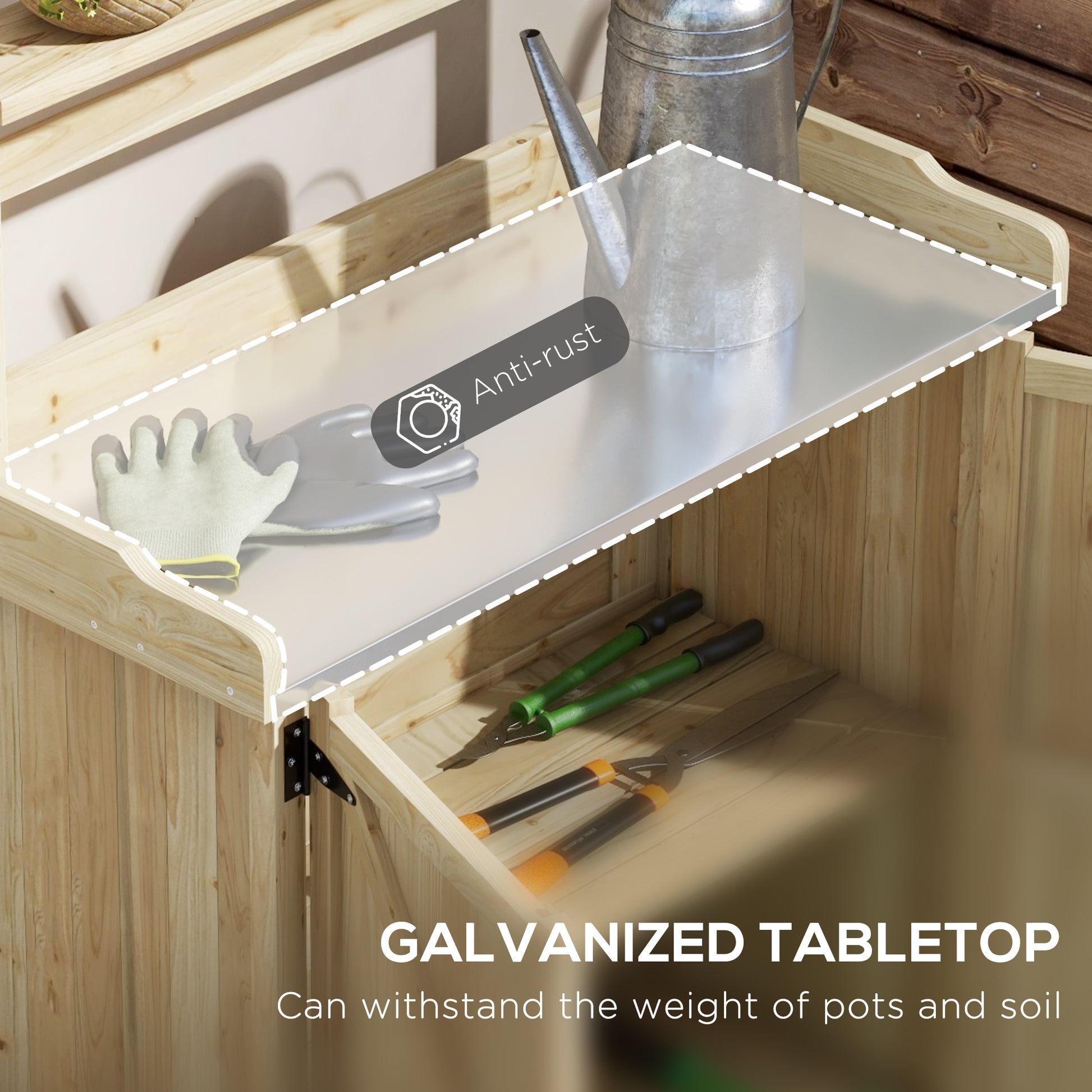 Outsunny Potting Bench, Outdoor Wooden Potting Table With Storage Cabinet With 2 Shelves, Garden Work Bench With Galvanized Plated Tabletop For Backyard, Balcony, Natural Natural Wood