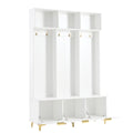 Modern Large Storage Hall Tree With Bench, Multi Functional Storage Bench With High Gloss Fluted Doors, Luxurious Coat Rack With 6 Gold Hooks And Legs For Entryway, Living Room, White White Gold Particle Board