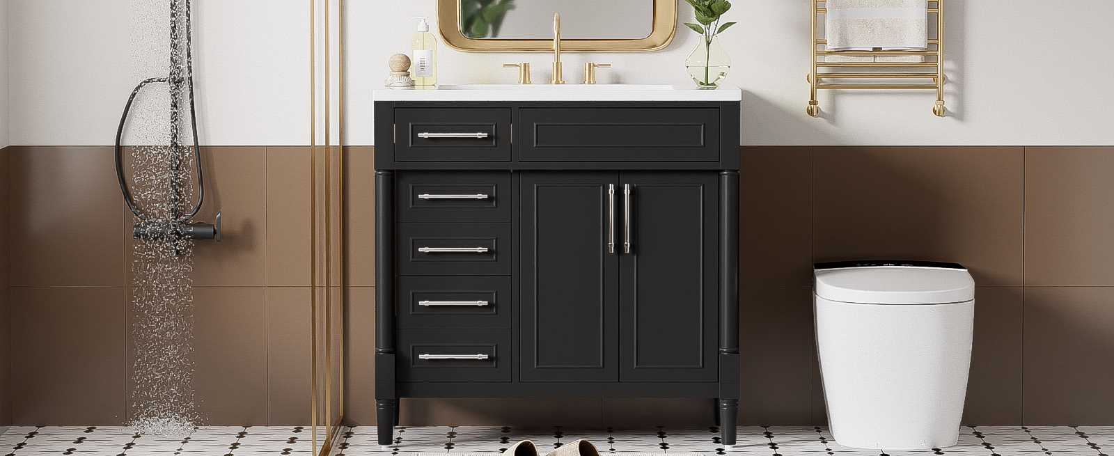 36'' Bathroom Vanity With Top Resin Sink, Freestanding Bathroom Storage Cabinet With 2 Drawers And A Tip Out Drawer, Solid Wood Frame Vanity Set, Height Adjustable Shelf 3 Black 2 2 Adjustable Shelves Bathroom Freestanding Solid Wood Mdf Resin Painted