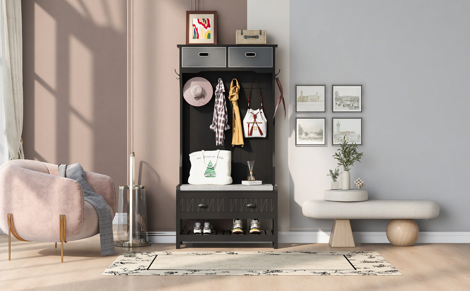 Hall Tree With 6 Hooks And Hinged Lid, Coat Hanger, Entryway Bench, Storage Bench, 3 In 1 Design, 69Inch, For Entrance, Hallway Black Mdf