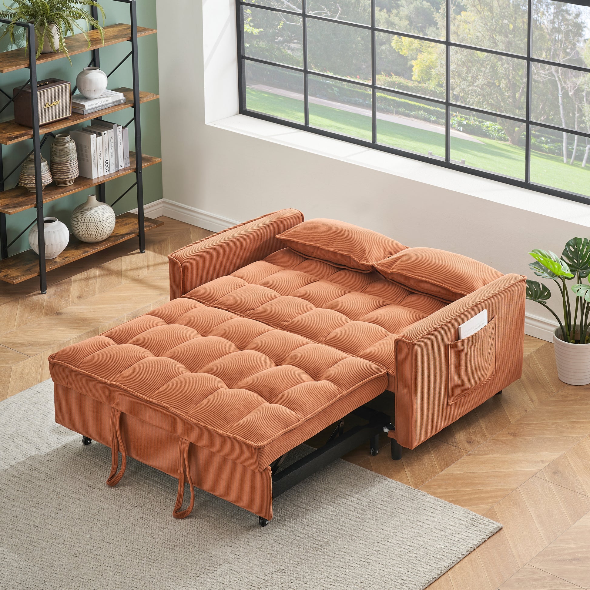 Folding Sofa Bed, Adjustable Back, Access Sofa, Recliner, Single Bed, Orange Orange Corduroy 2 Seat
