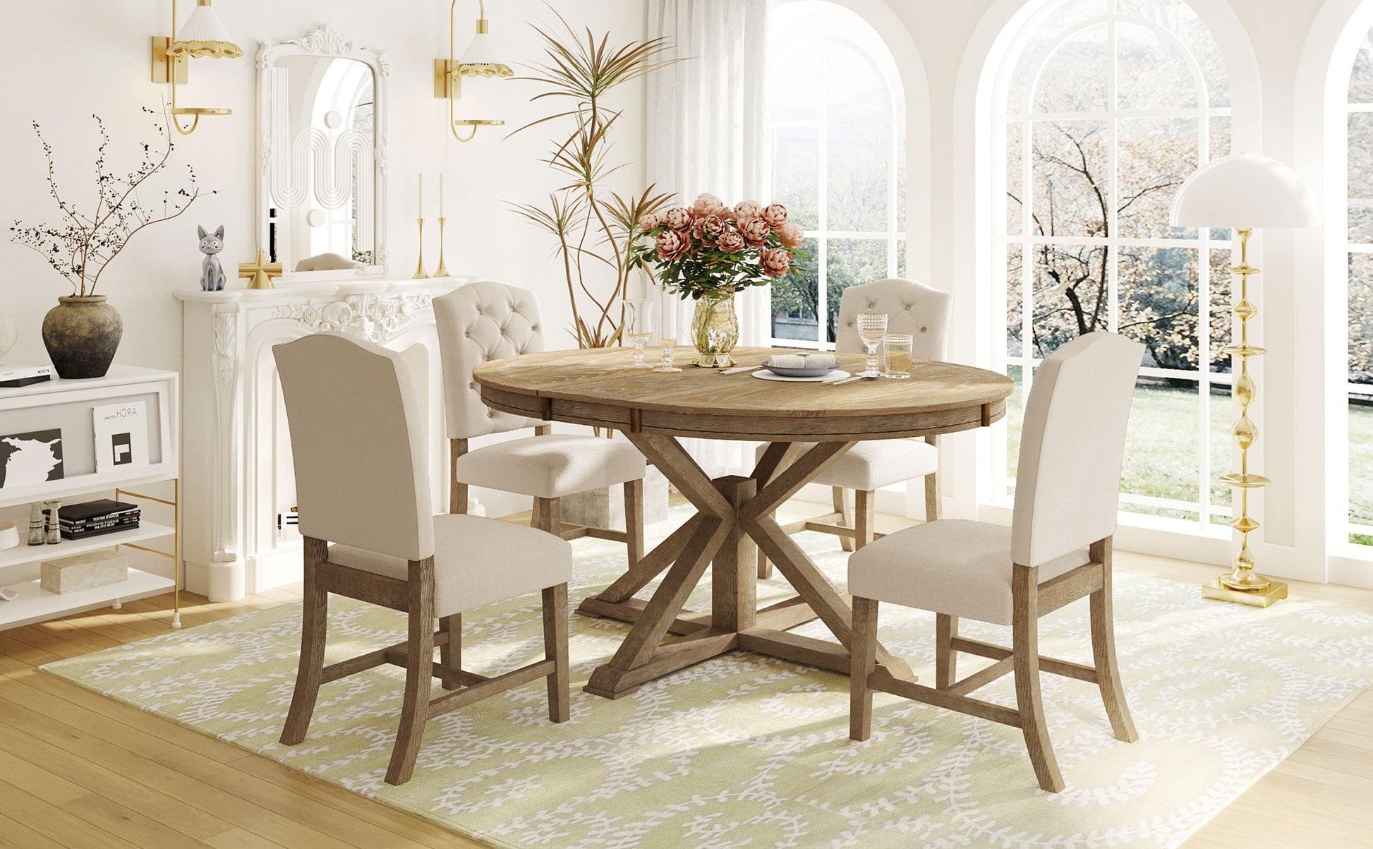 Functional Furniture Retro Style Dining Table Set With Extendable Table And 4 Upholstered Chairs For Dining Room And Living Room Natural Wood Wash Natural Wood Wash Solid Wood