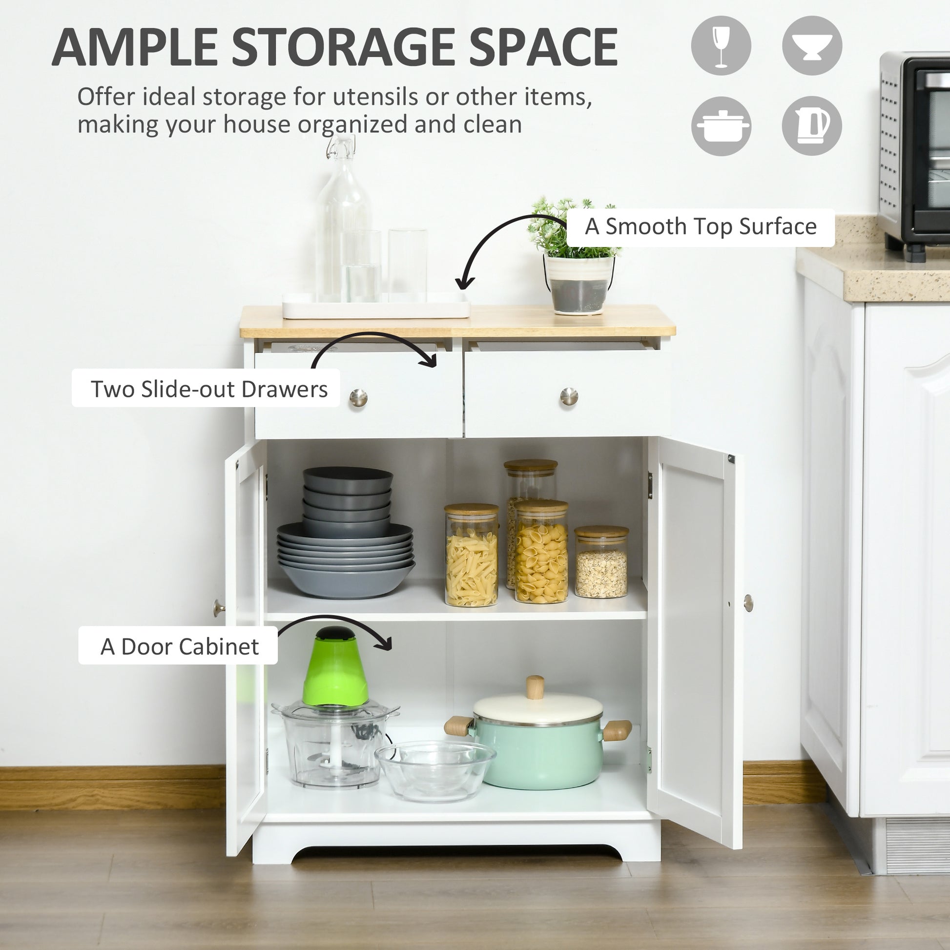 Homcom Sideboard Buffet Cabinet, 2 Doors Door Kitchen Cabinet, Coffee Bar Storage With 2 Drawers, Adjustable Shelf For Living Room And Hallway, White White Mdf