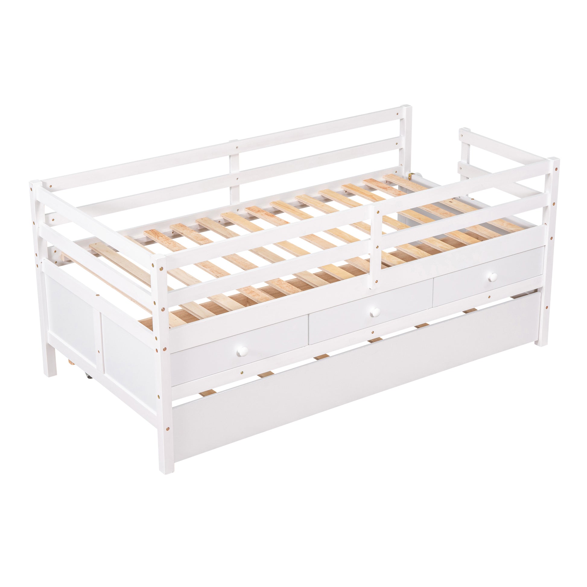 Low Loft Bed Twin Size With Full Safety Fence, Climbing Ladder, Storage Drawers And Trundle White Solid Wood Bed White Solid Wood