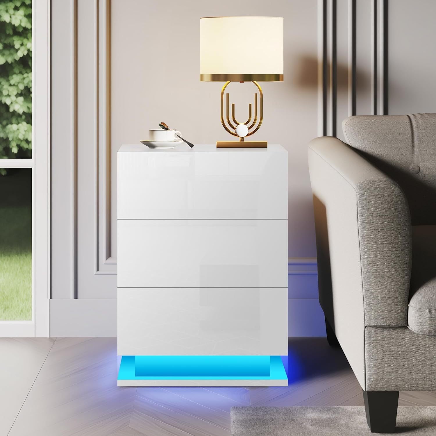 Led Nightstand With 3 Drawers,White Bedside Table ,Modern End Side Table For Bedroom White Particle Board