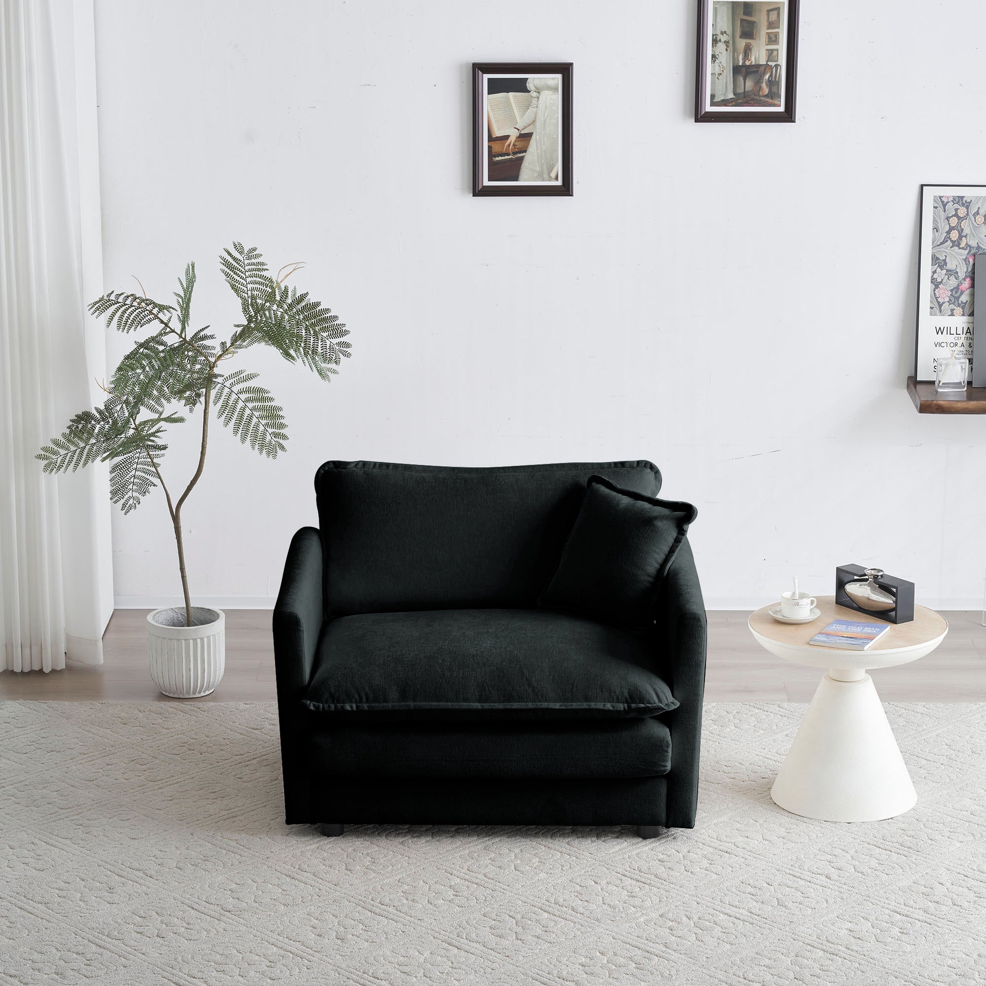 Comfy Deep Single Seat Sofa Upholstered Reading Armchair Living Room Chair Black Chenille Fabric1 Toss Pillow Black Chenille 1 Seat