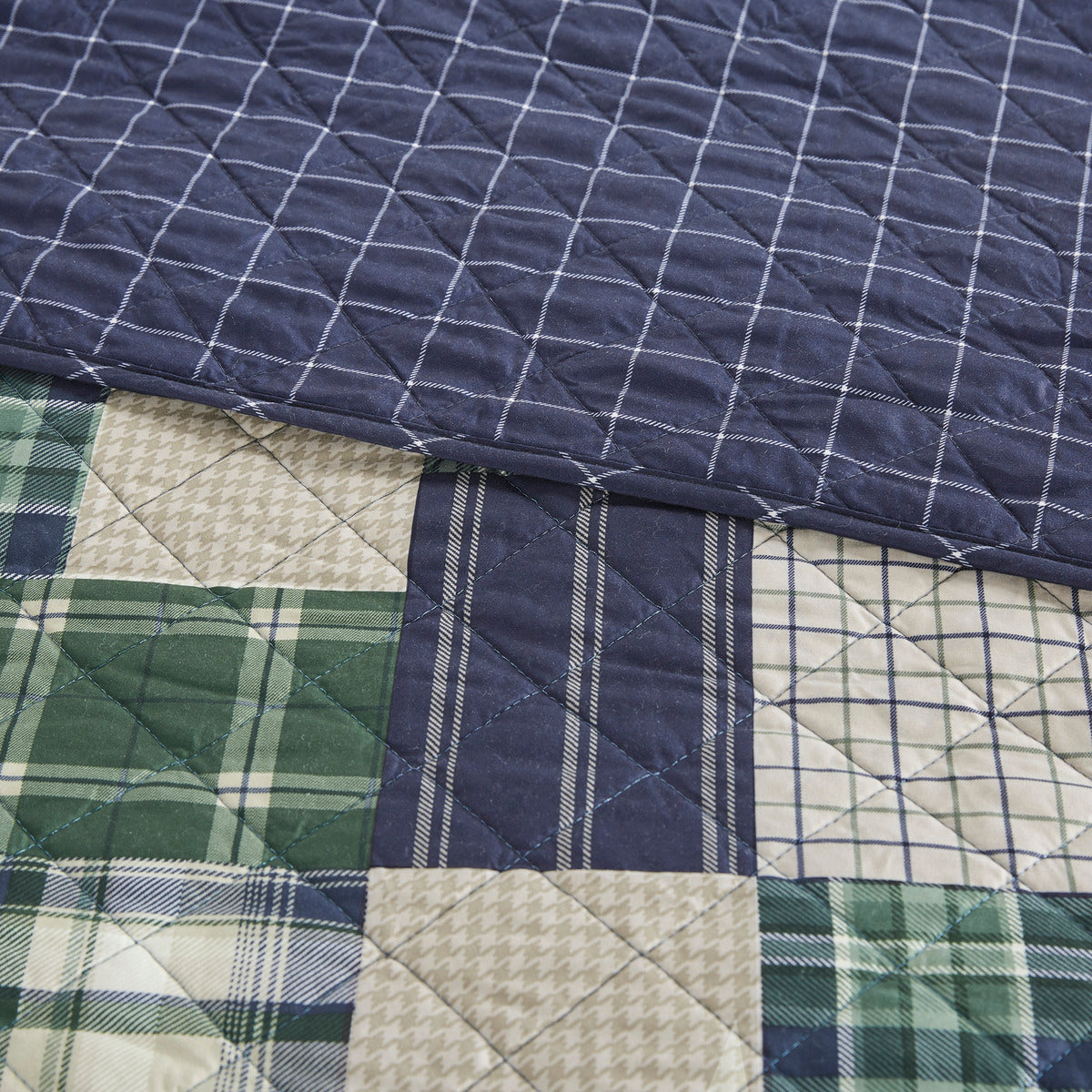 3 Piece Reversible Printed Quilt Set Green Navy Full Queen Green Navy Microfiber