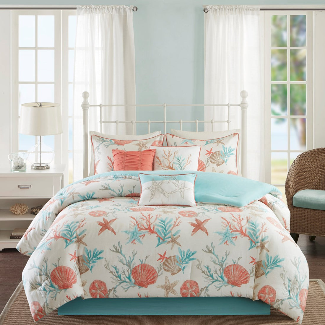 7 Piece Cotton Sateen Comforter Set Coral Cal King California King Coral Cotton