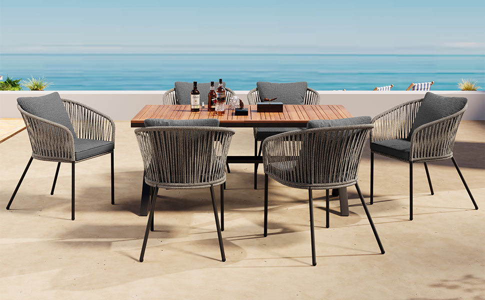 7 Pieces Patio Dining Set, All Weather Outdoor Furniture Set With Dining Table And Chairs, Acacia Wood Tabletop, Metal Frame, For For Garden, Backyard, Balcony, Grey Yes Grey Seats 6 Garden &