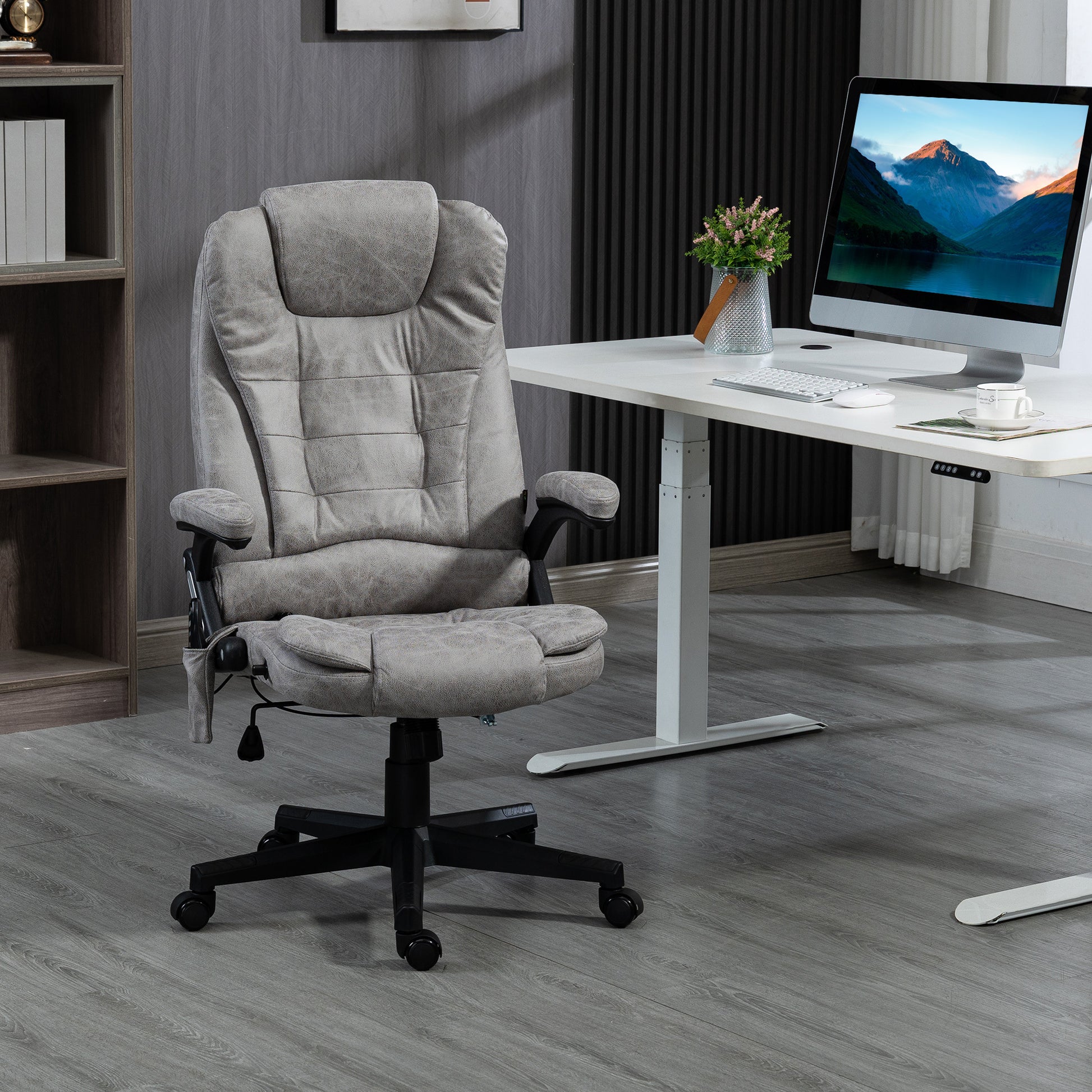 Homcom 6 Point Vibrating Massage Office Chair With Heat, Microfiber High Back Executive Office Chair With Reclining Backrest, Padded Armrests And Remote, Gray Grey Polyester