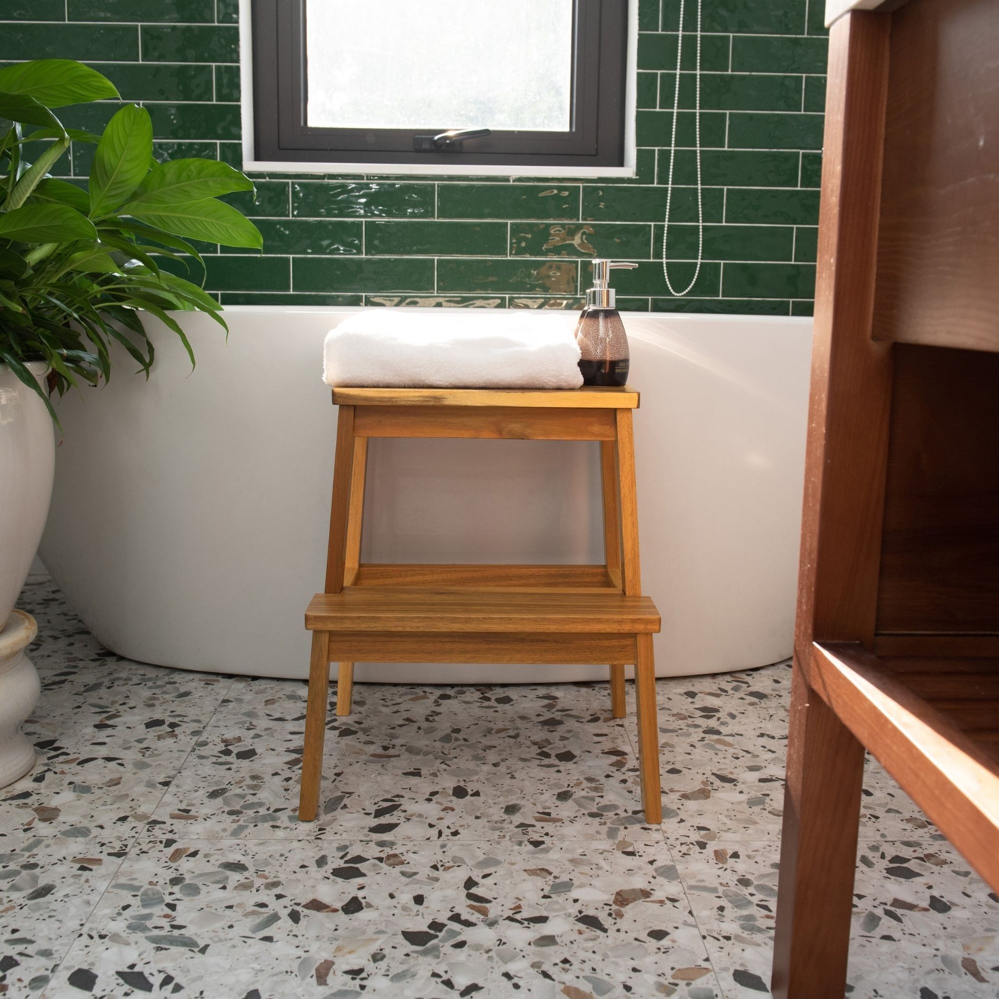 Acacia Wood Two Steps Stool Small Size Rectangle Acacia Wood Light Brown Primary Living Space American Design Acacia Wood