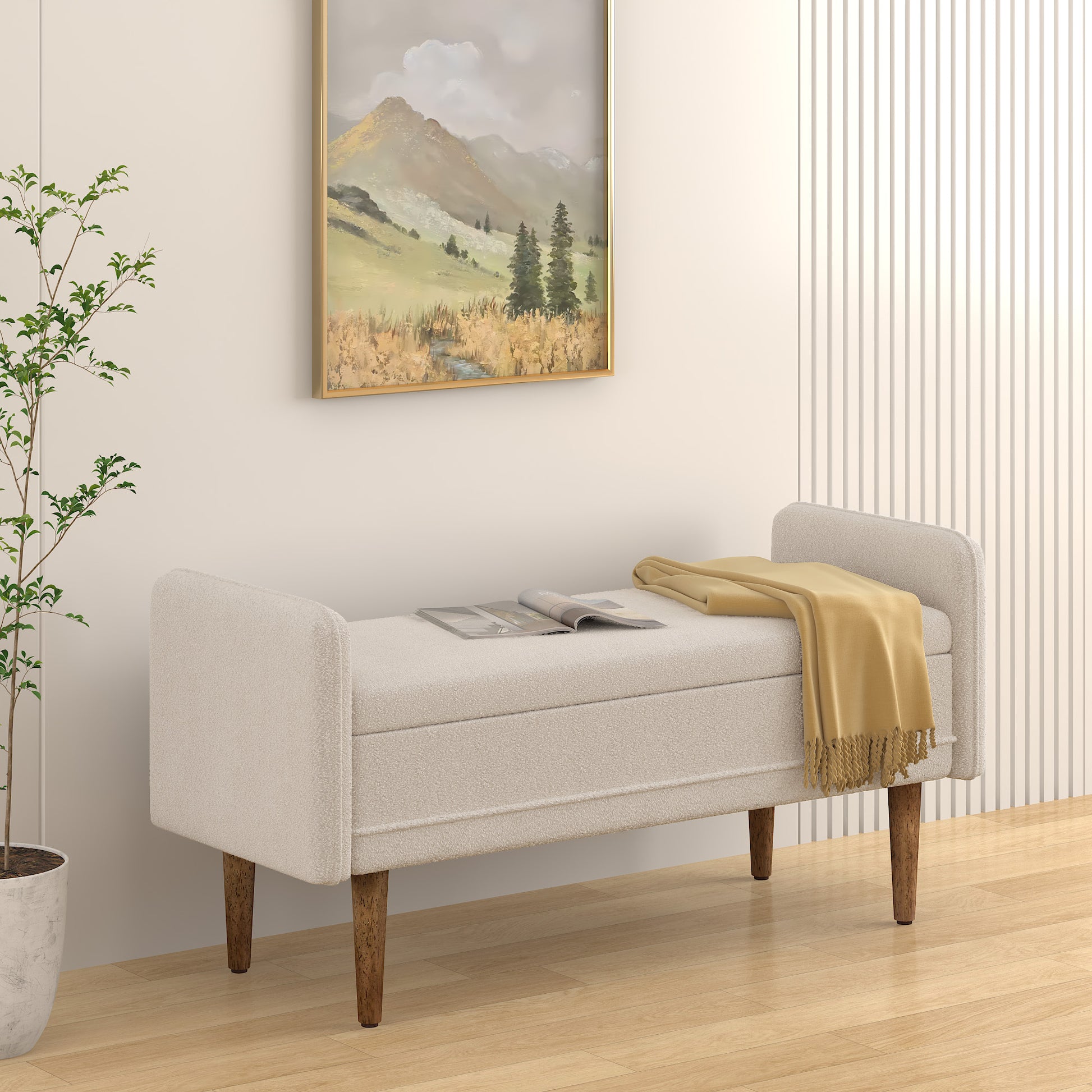 Teddy Velvet Storage Stool, ,With Storage Space, Suitable For Apartments, Living Rooms And Bedrooms Beige 45.98"*16.75"*21.75" Beige Foam