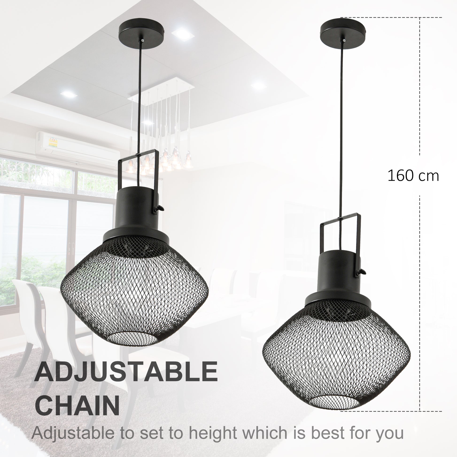 Homcom Industrial Pendant Light Fixtures, Black Metal Frame Hanging Ceiling Light For Living Room, Bedroom, Kitchen, Dining Room With Adjustable Hanging Chain, Black Black Steel
