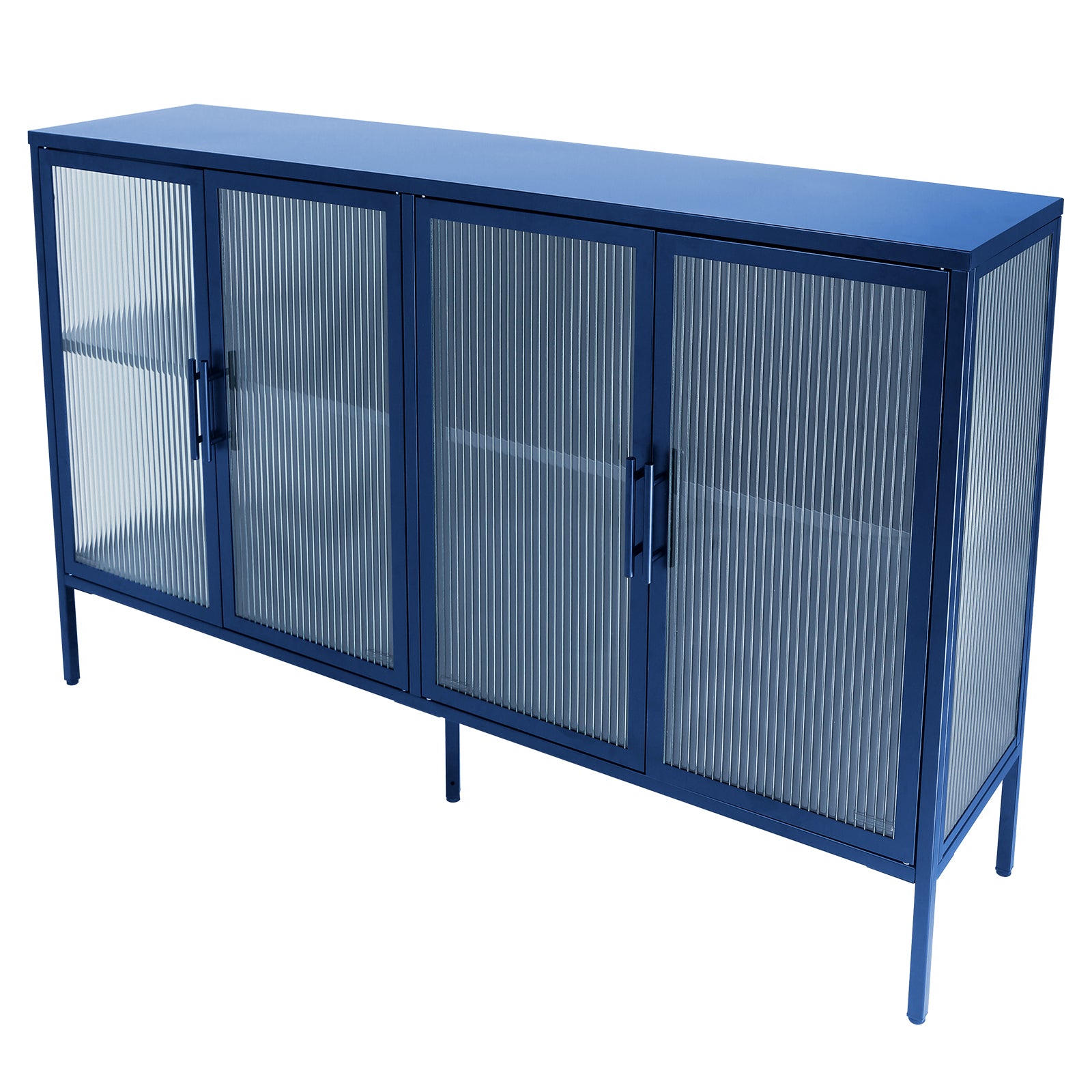 Stylish 4 Door Tempered Glass Cabinet With 4 Glass Doors Adjustable Shelf And Feet Anti Tip Dust Free Fluted Glass Kitchen Credenza Blue Blue Tempered Glass Sheet Metal Plastic