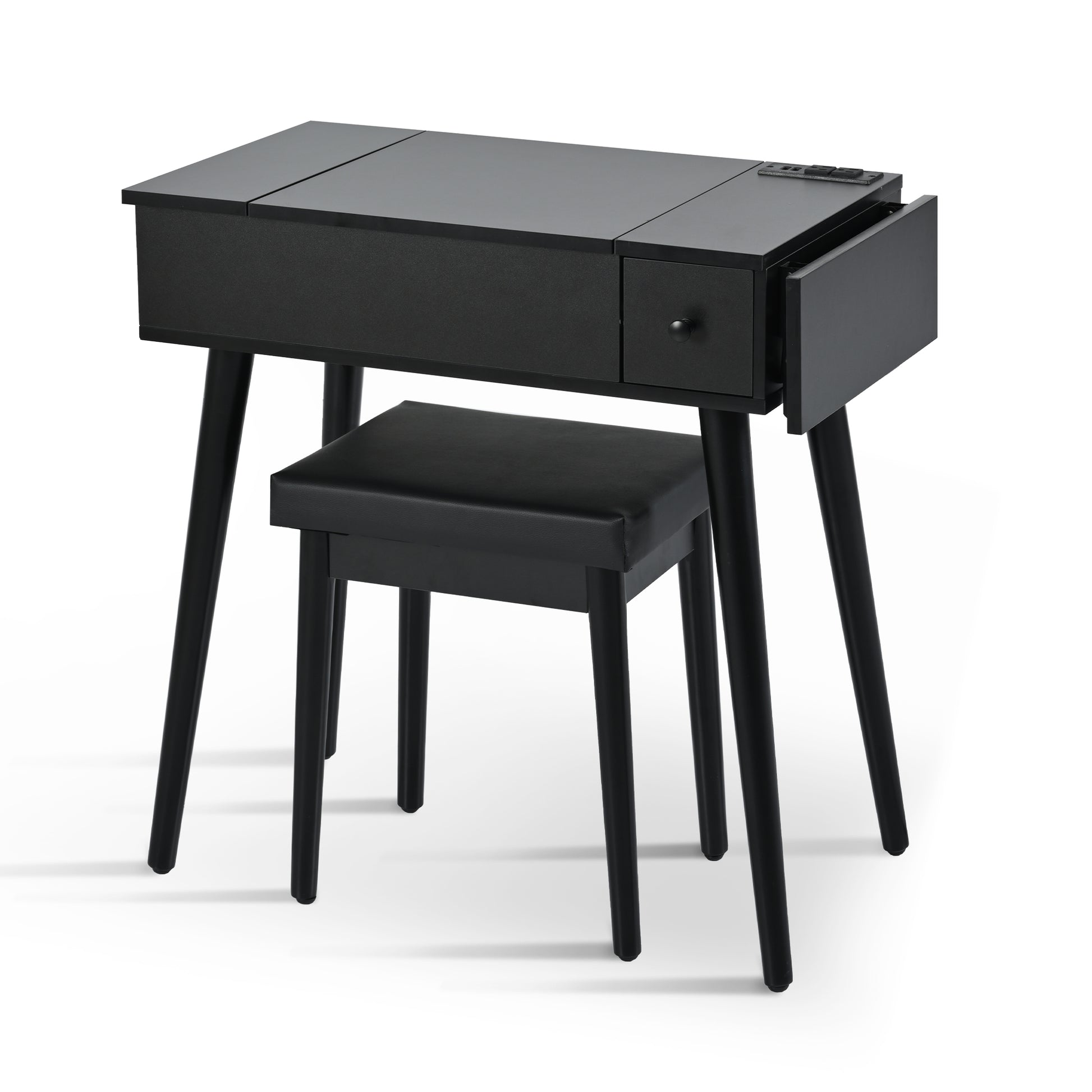 27.9'' Black Makeup Vanity Desk With Flip Top Mirror And Led Light, Dressing Table With Charging Station, 2 Drawers And Fold Up Panel, Vanity Set With Cushioned Stool For Bedroom Black