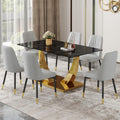 Table And Chair Set.Modern Rectangular Dining Table With Black Textured Stickers Glass Tabletop And Gold Plated Metal Legs.Paried With 6 Comfortable Chairs With Pu Seats And Black Metal Legs. Black