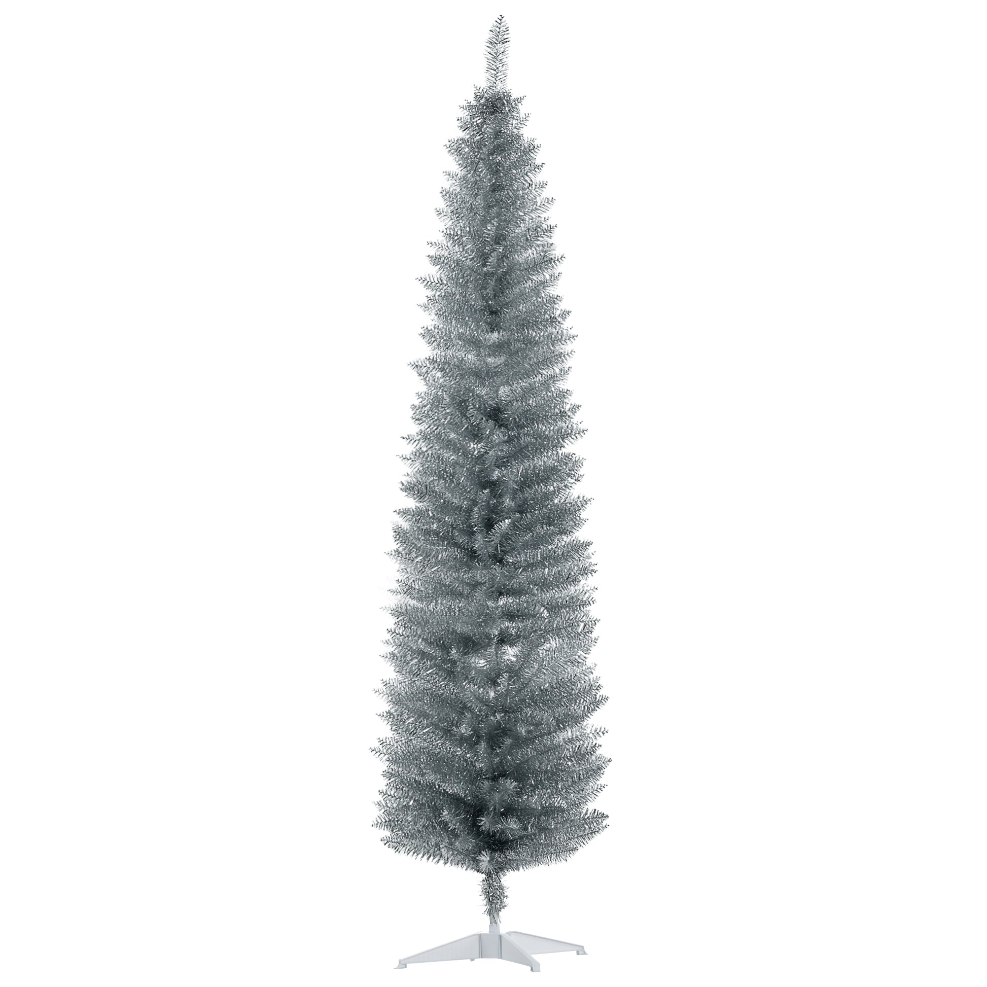 Homcom 7' Artificial Pencil Christmas Tree, Slim Xmas Tree With 499 Realistic Branch Tips And Plastic Stand, Silver Silver Plastic