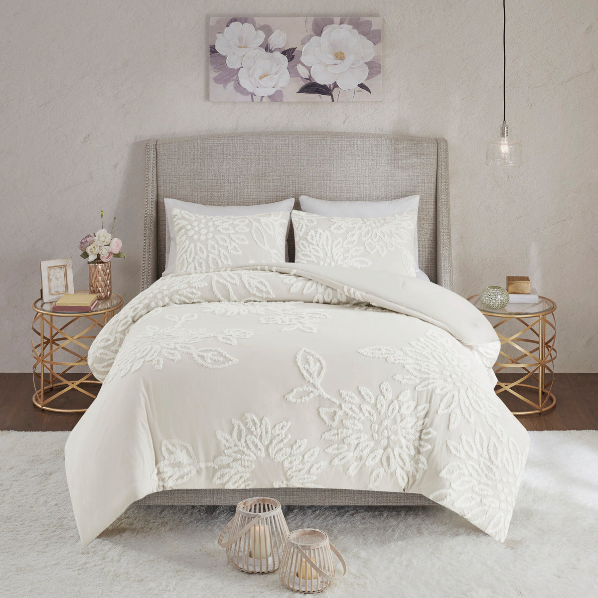 3 Piece Tufted Cotton Chenille Floral Comforter Set Off White Full Queen Full Off White Cotton