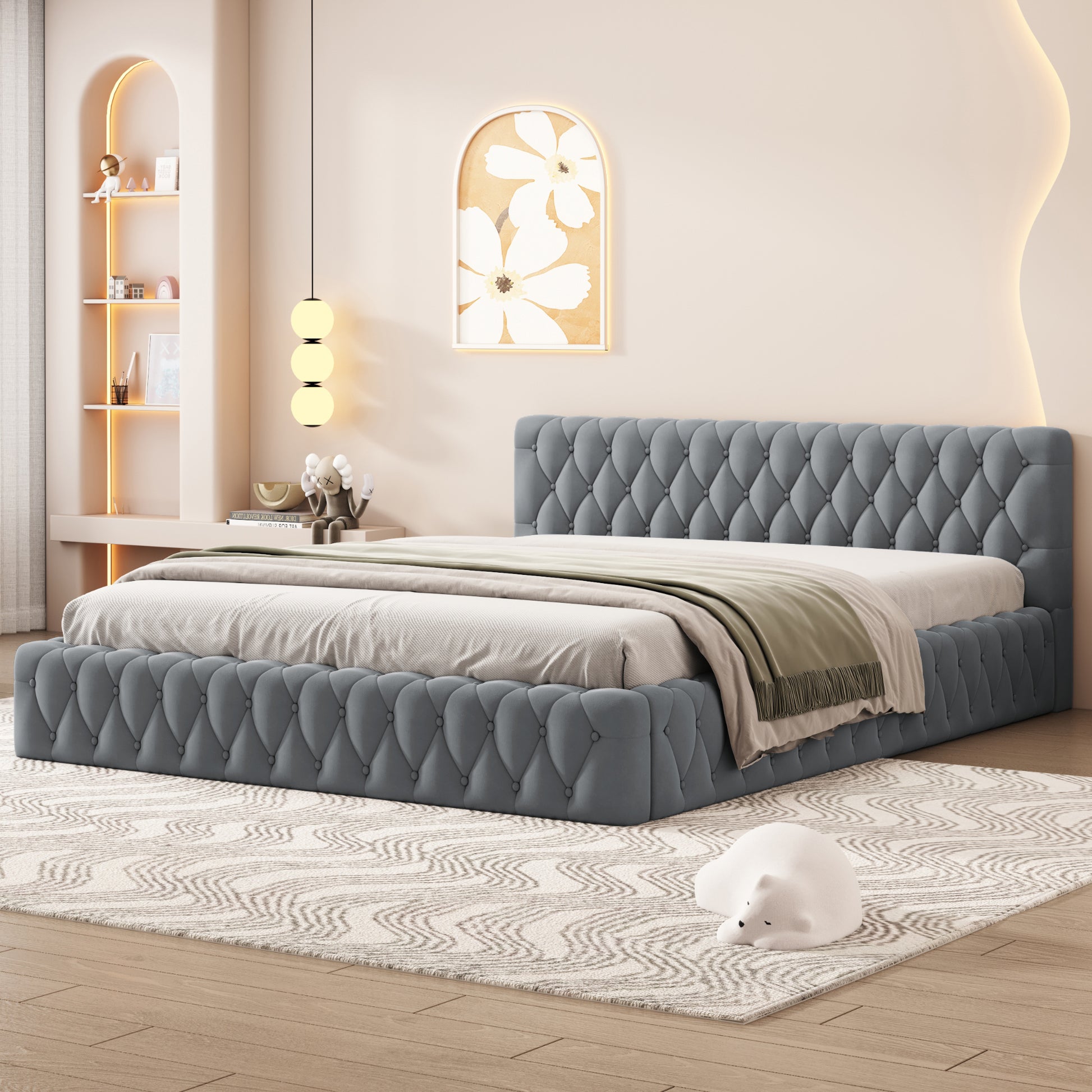 Queen Size Velvet Upholstered Platform Bed, With Luxurious Diamond Grid Headboard,Gray Queen Gray Plywood