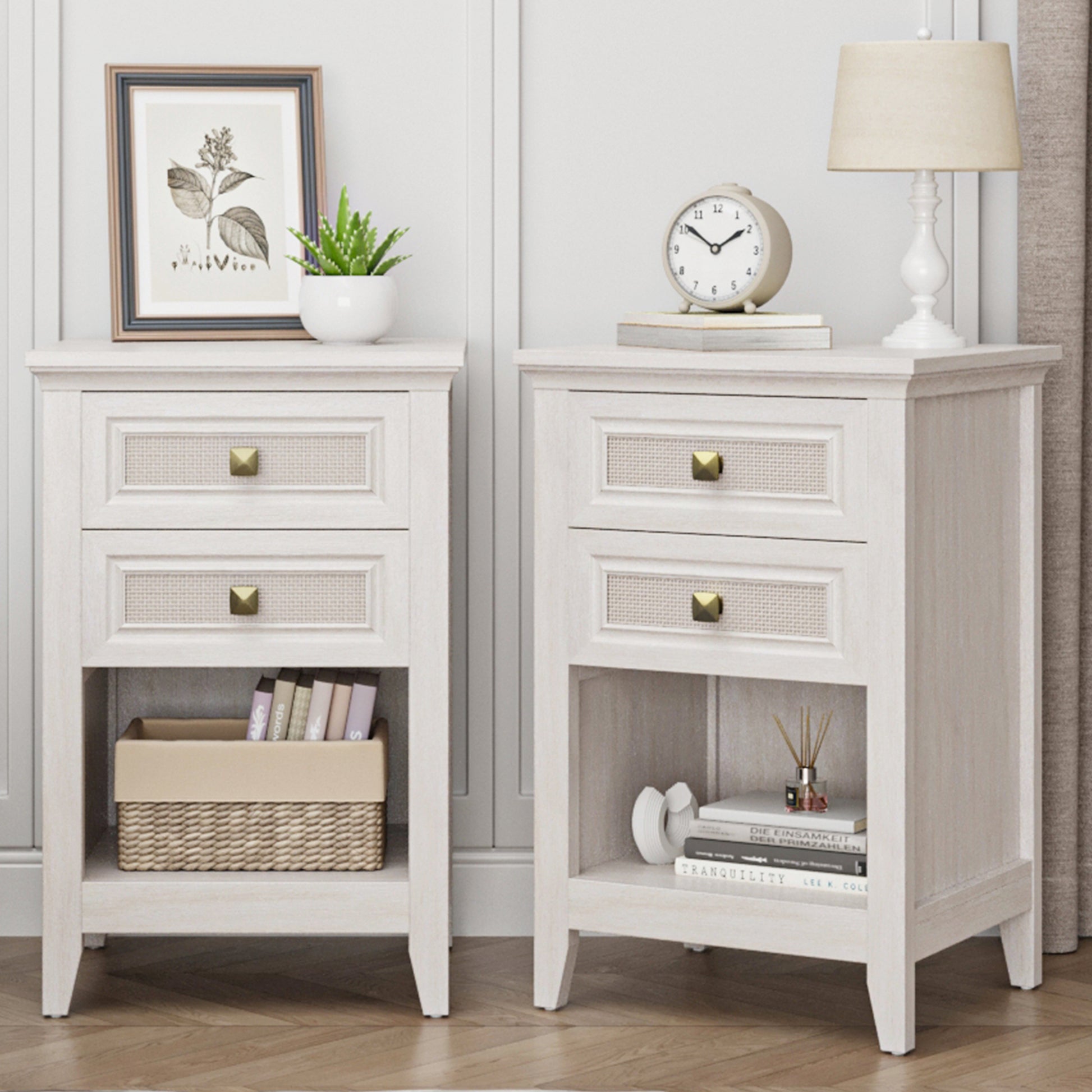 Farmhouse Nightstand, Boho Bedside Table With 2 Rattan Decor Drawers, Accent End Table With Open Storage Shelf White Wood Rattan