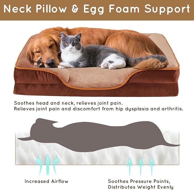 42'' Orthopedic Dog Bed For X Large Dog, Memory Foam Dog Bed, Egg Crate Foam Dog Couch Bed With Washable Removable Cover, Brown Brown Faux Fur