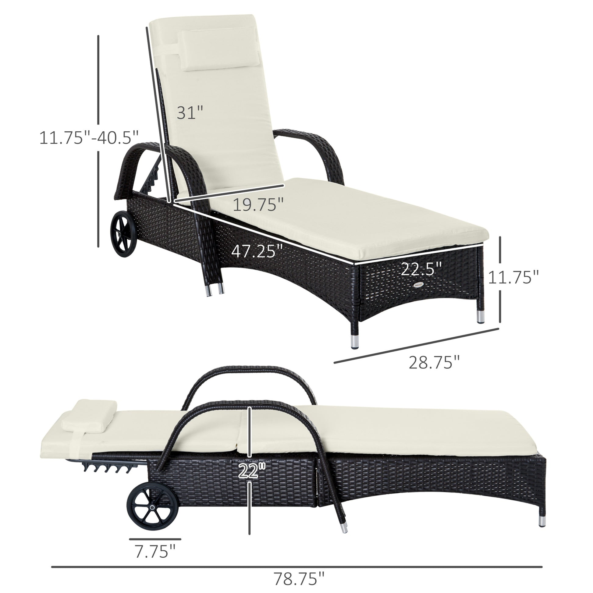 Outsunny Wicker Outdoor Chaise Lounge, 5 Level Adjustable Backrest Pe Rattan Pool Lounge Chair With Wheels, Cushion & Headrest, Dark Coffee And Cream White Colorful Rattan