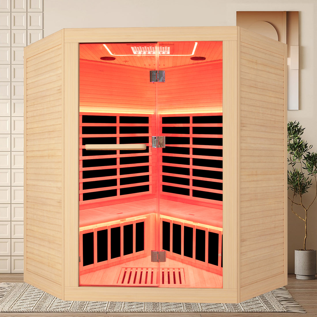 Canadian Hemlock Pentagonal Double Sauna Natural Graphite Bathroom Wood Paper Glass