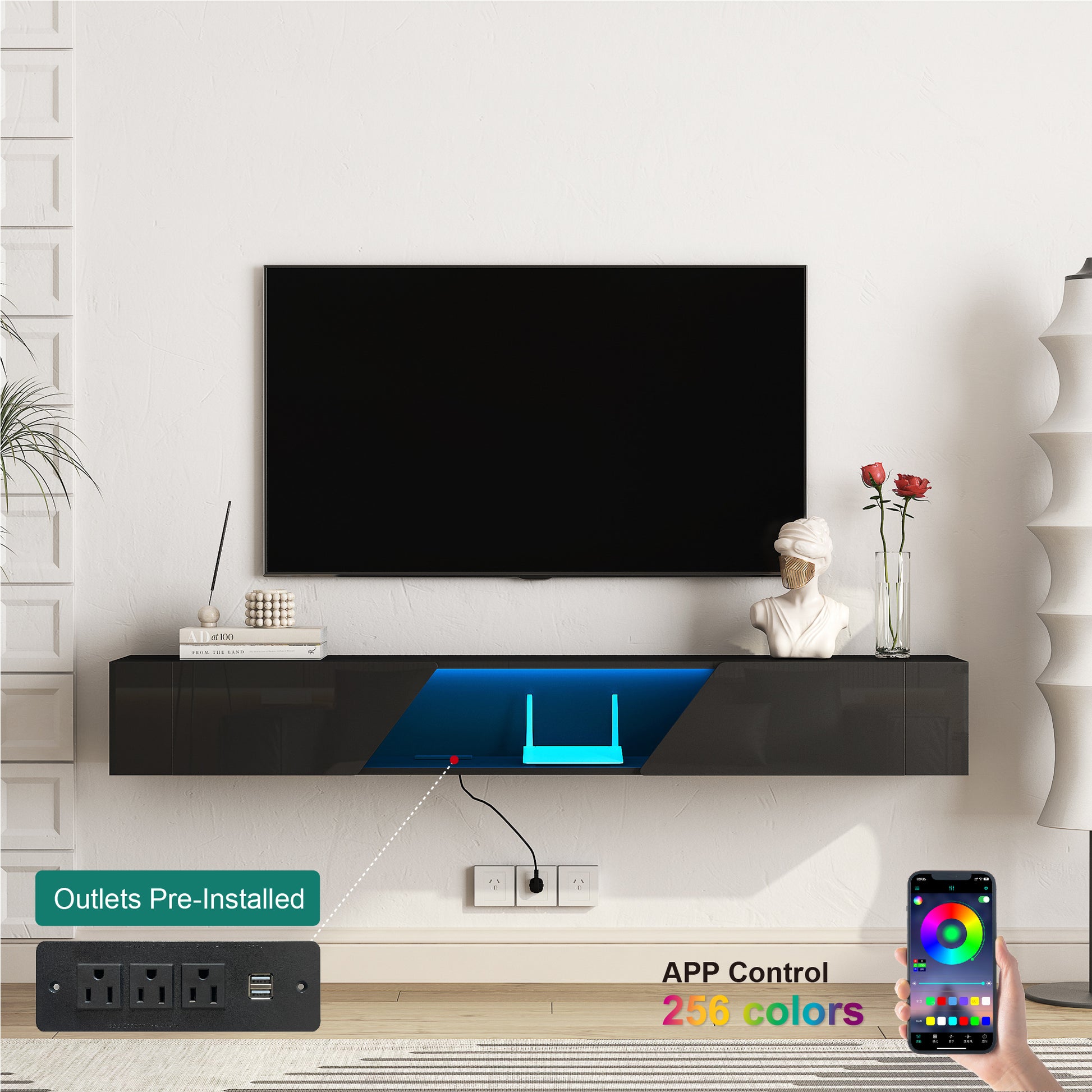 Floating Tv Stand Wall Mounted With 16 Color Leds,69" Modern Tv Stand, Floating Tv Cabinet Entertainment Center For 55 60 65 Inch Tv,Black Black 60 69 Inches Mdf