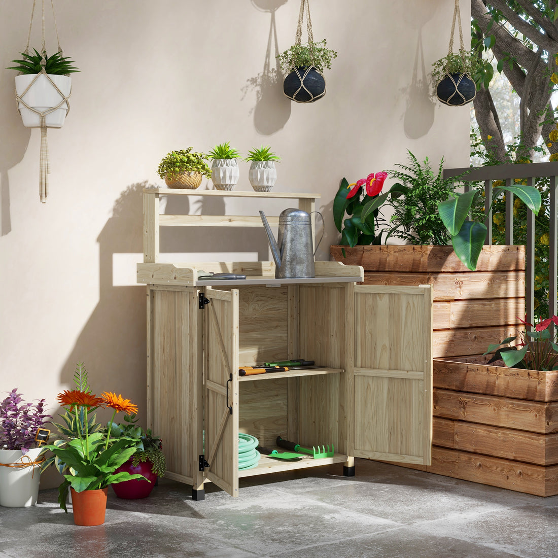Outsunny Potting Bench, Outdoor Wooden Potting Table With Storage Cabinet With 2 Shelves, Garden Work Bench With Galvanized Plated Tabletop For Backyard, Balcony, Natural Natural Wood