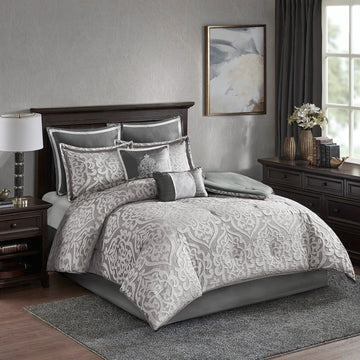 8 Piece Jacquard Comforter Set Silver Silver Cal King California King Silver Silver Polyester