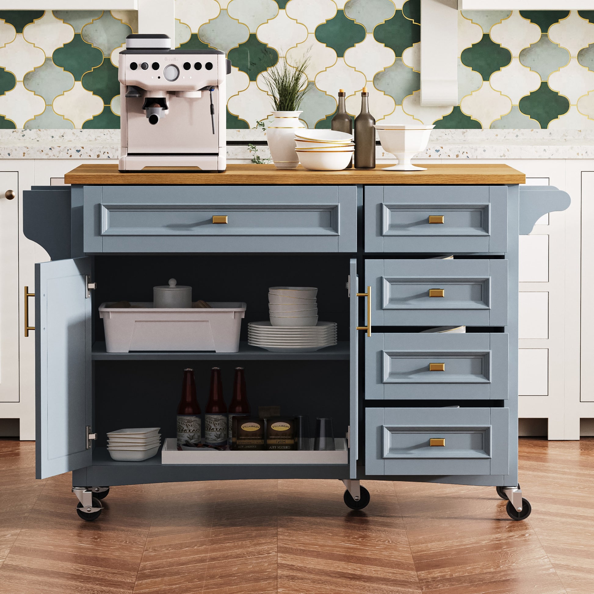 K&K 52'' Kitchen Island With Drop Leaf, Embossed Texture Kitchen Island On Wheels With Spice Rack, Towel Rack, 2 Doors And 5 Drawers, Kitchen Storage Cart With Adjustable Shelf For Kitchen, Blue