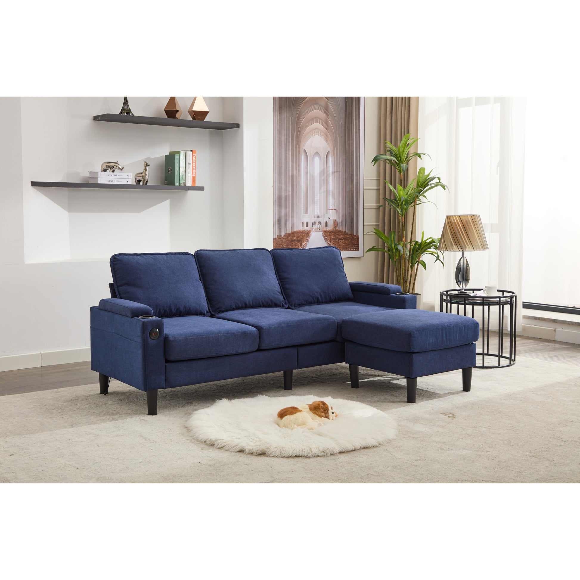 Blue Color Knock Down 3 Seat Combo Sofa With Storage Ottoman For Living Room Apartment Bedroom And Compact Room,Room, Upholstered Sectional Couch, L Shaped Bench With A Footrest, A Individual Stool White Wood Primary Living Space Heavy Duty Pine 3 Seat
