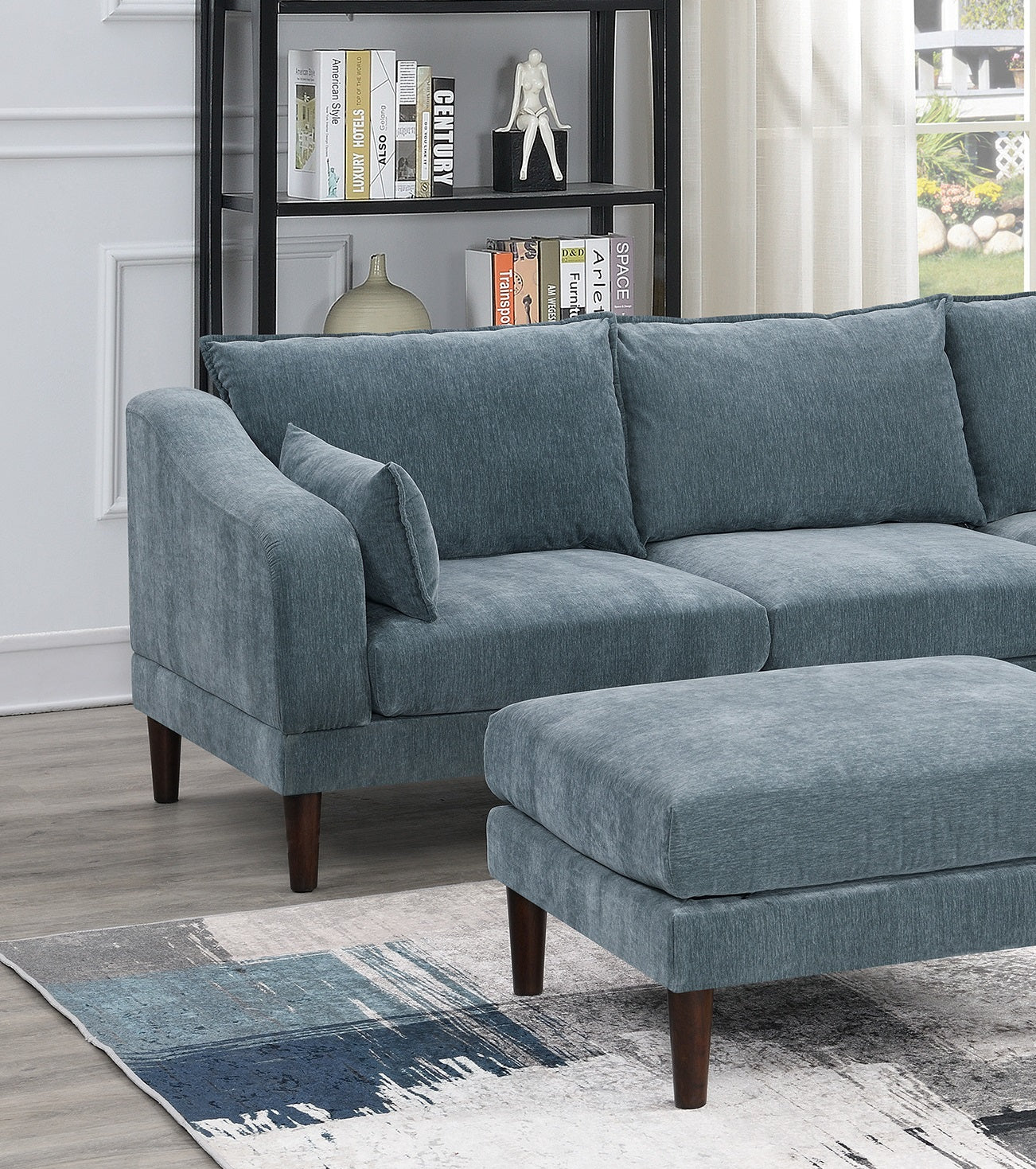 Contemporary 5Pcs Modular Sectional Set One Arm Chairs Armless Chair Ottoman L Shaped Sectional Mineral Morgan Fabric Grayish Primary Living Space Cushion Back Classic,Contemporary,Modern Modular