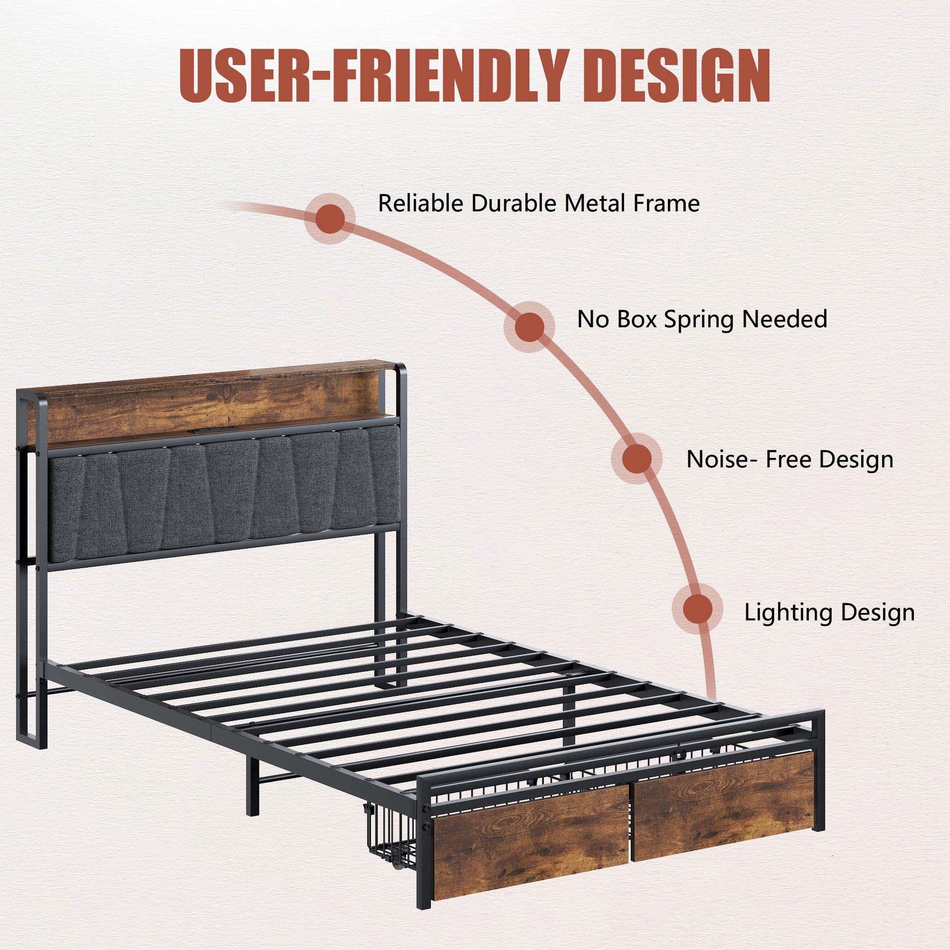 Twin Size Bed Frame Upholstered Platform Bed Frame With Storage Drawers, Usb Ports, Led Lights, Upholstered Wingback Headboard, Rustic Brown Box Spring Not Required Twin Antique Black Metal Brown