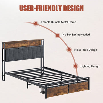Twin Size Bed Frame Upholstered Platform Bed Frame With Storage Drawers, Usb Ports, Led Lights, Upholstered Wingback Headboard, Rustic Brown Box Spring Not Required Twin Antique Black Metal Brown