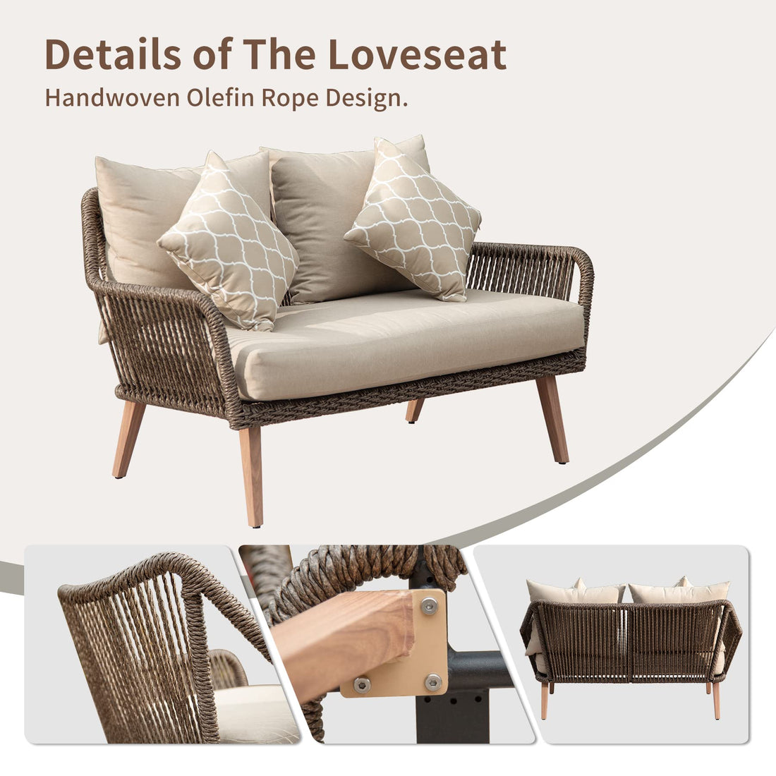 Patio Conversation Sets 4 Pieces, Handwoven Rattan Wicker Aluminum Frame Outdoor Patio Set, All Weather Modern Rope Patio Loveseat With Coffee Table For Garden Balcony Deck Poolside Porch Khaki Yes Khaki Garden & Outdoor Multiple Chairs Seating Group