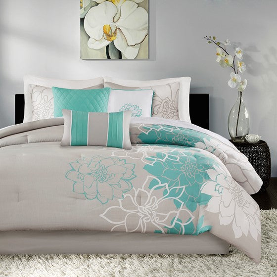 Printed Cotton Sateen Comforter Set Aqua Cal King California King Aqua Cotton