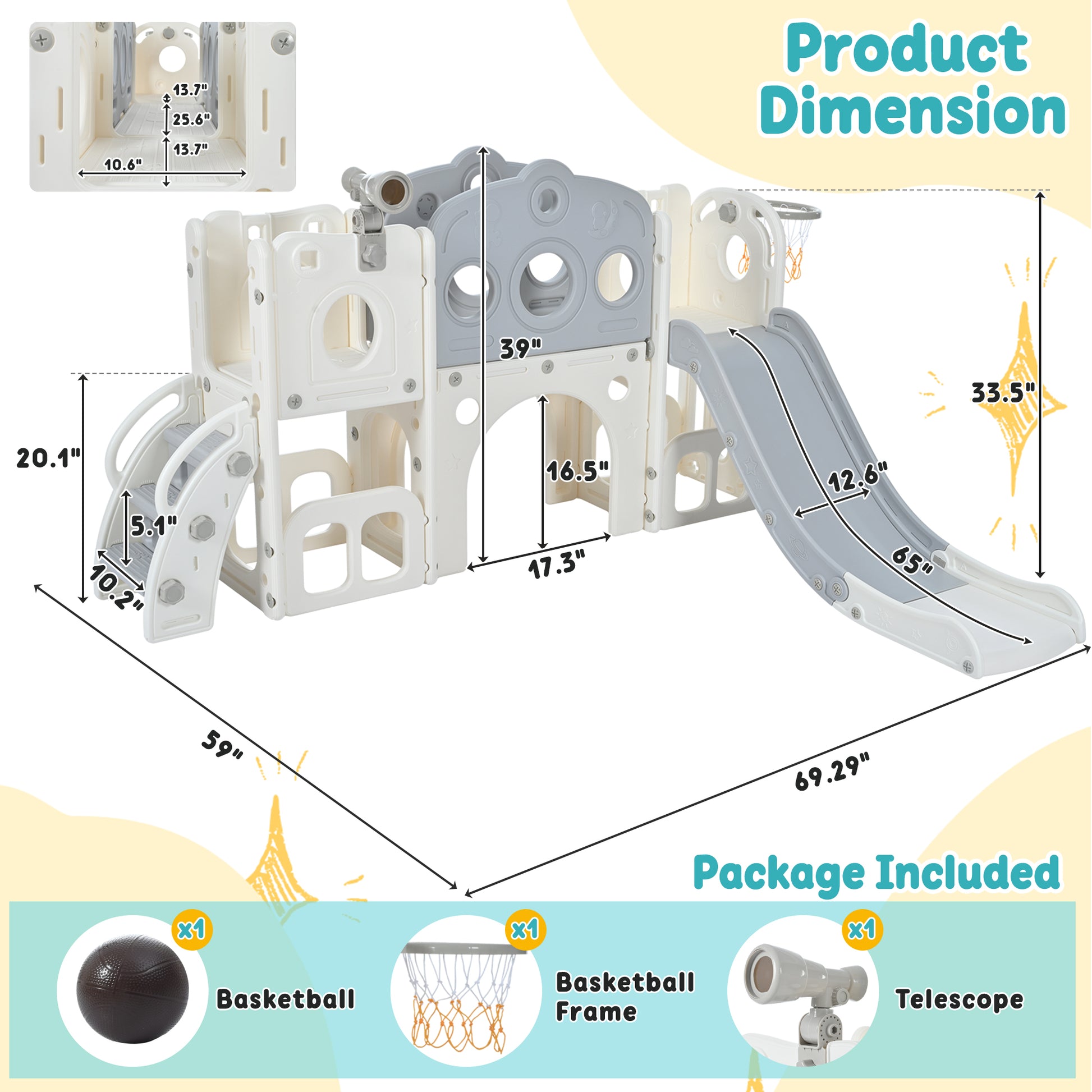 7 In 1 Toddler Slide Set, Freestanding Space Set With Slide, Kids Slide Playset Structure, Arch Tunnel And Basketball Hoop, Toy Storage Organizer For Toddlers, Kids Climbers Playground Grey White 50 99 Lbs Cute 1 To 2 Years Hdpe Indoor & Outdoor Use