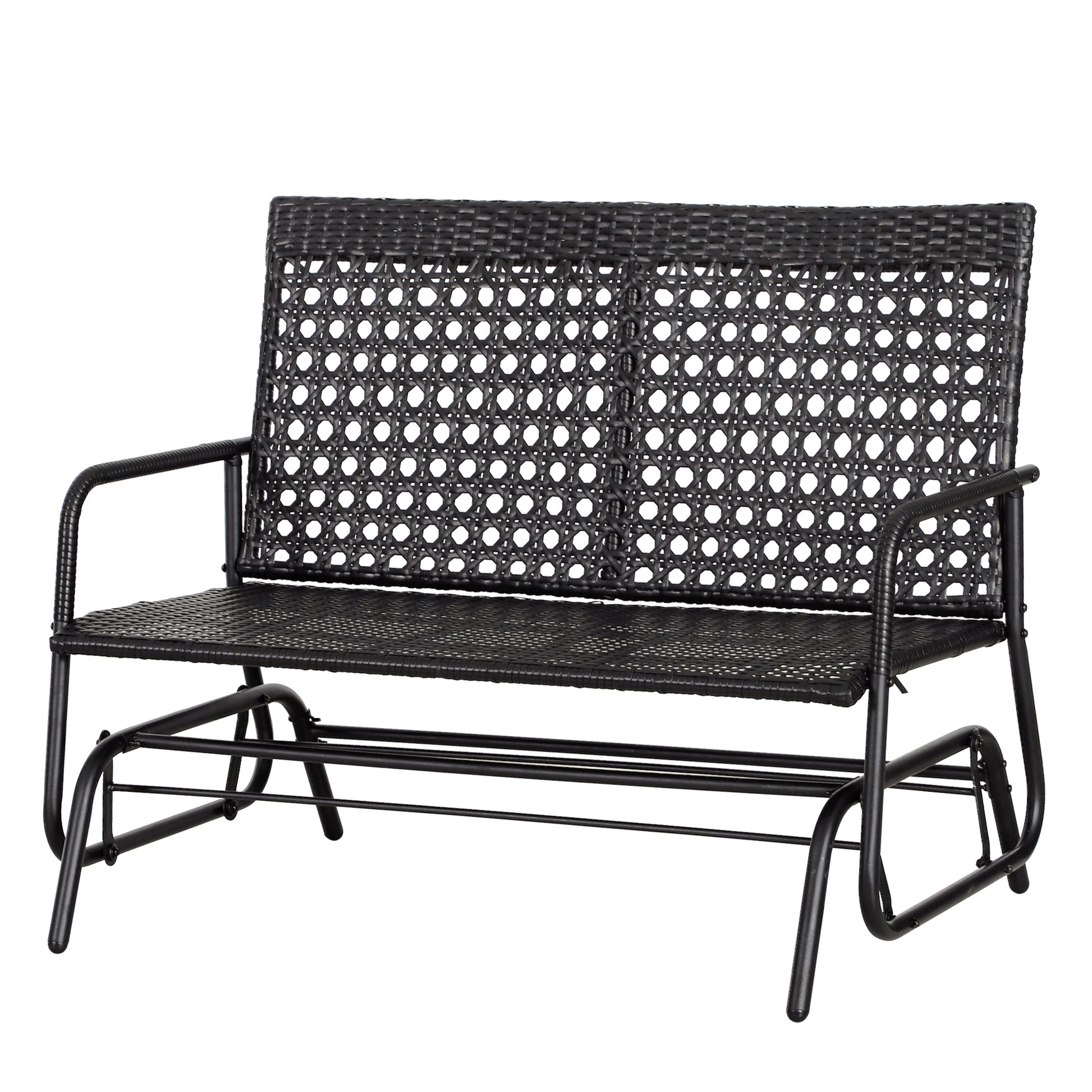 Outsunny Patio 2 Person Wicker Glider Bench Rocking Chair, Outdoor All Hand Woven Pe Rattan Loveseat W Ergonomic Design Rocking System For Patio, Garden, Porch, Lawn, Black Black Steel