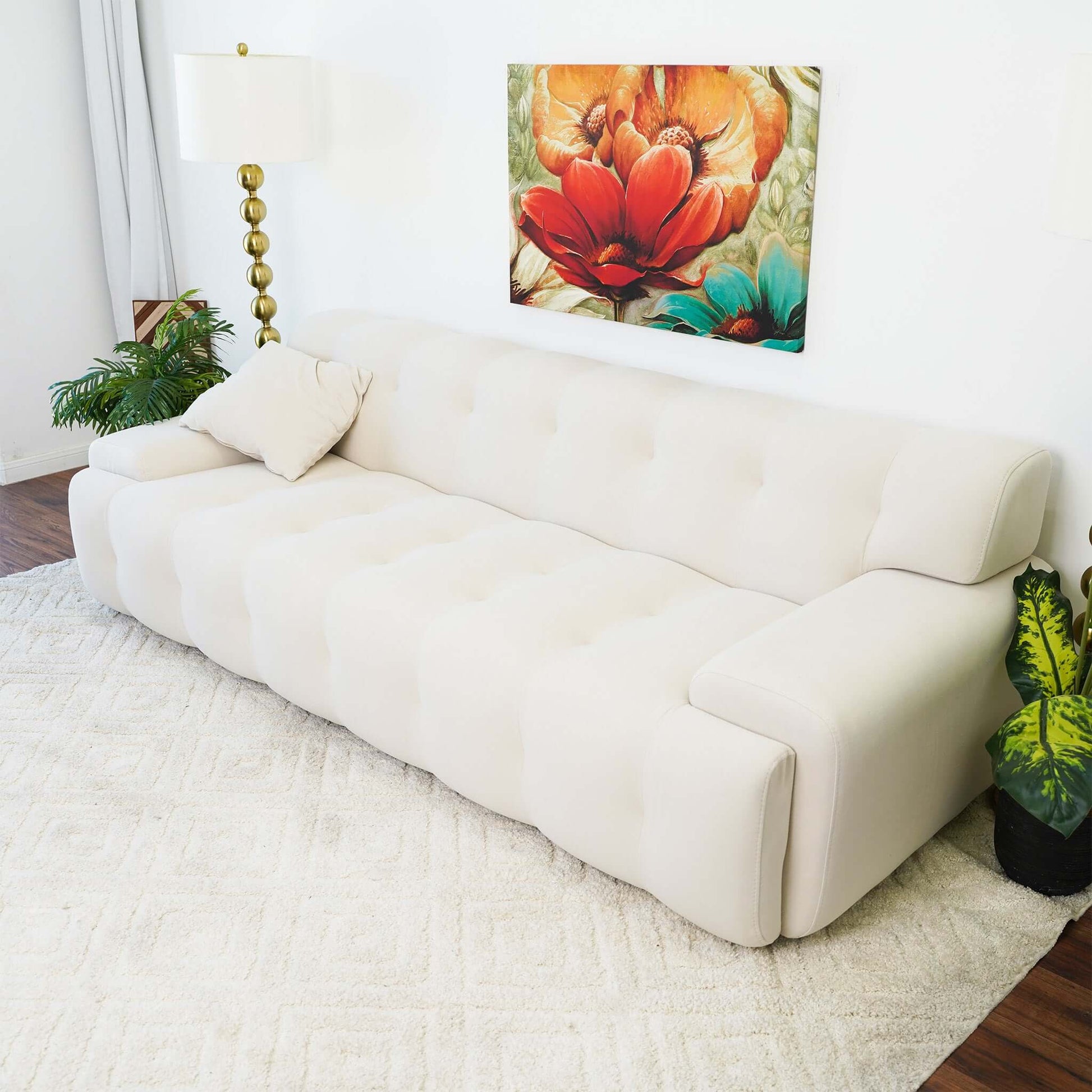 Brampton Mid Century 90 Inch Cream Velvet Sofa Cream,White Nature Velvet Wood Primary Living Space Medium Firm Tufted Back Mid Century Modern Foam Solid Wood,Velvet 3 Seat