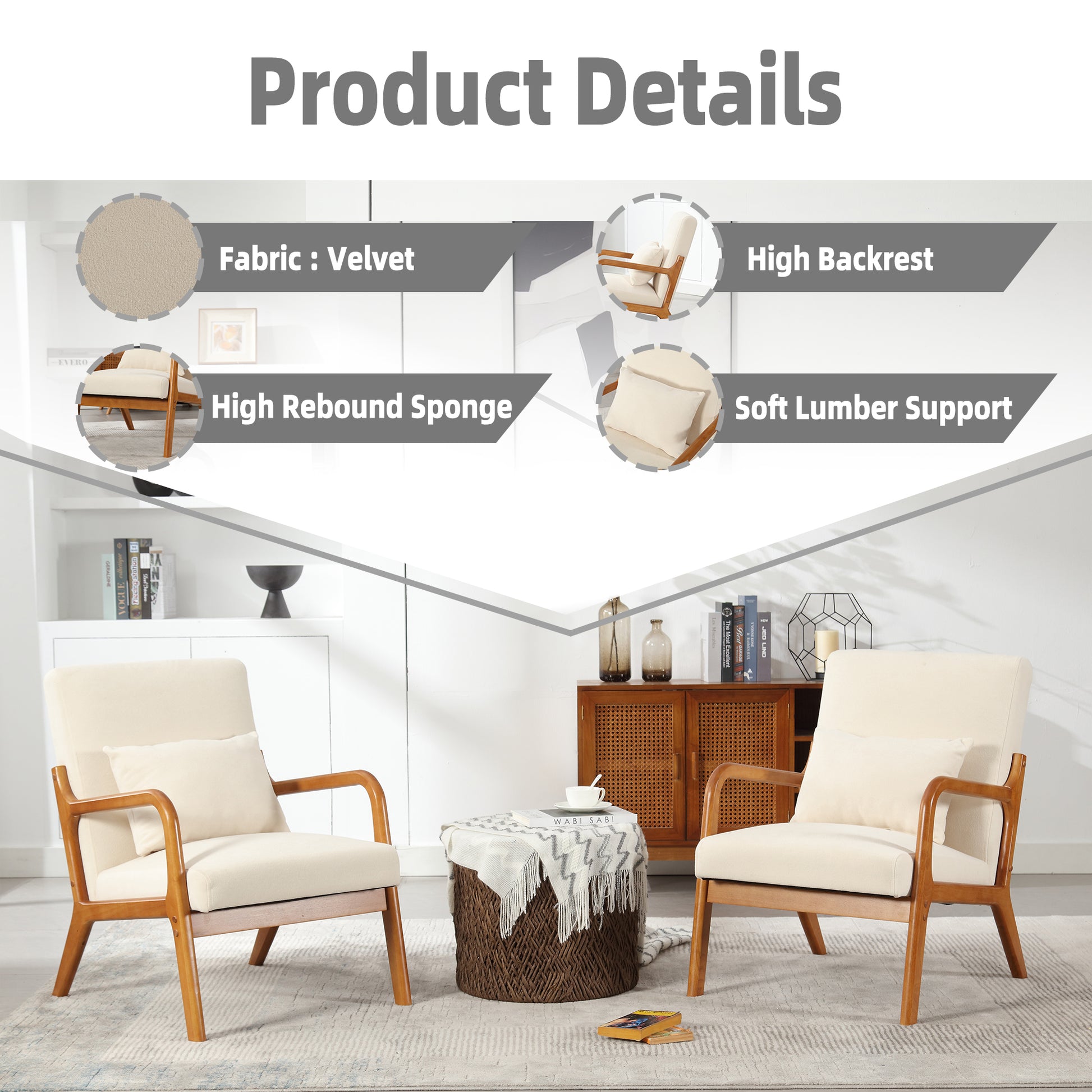 Coolmore Modern Accent Chair, Solid Wood Padding Lounge Armchairs With One Pillow For Living Room, Bedroom, Guest Room Beige Beige Brown Primary Living Space Modern Rubberwood Foam Velvet