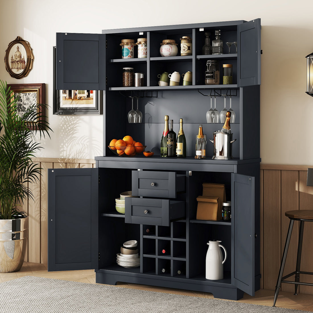 Coffee Bar Cabinet Kitchen Cabinet With Storage, Farmhouse Wine Cabinet With Drawers Shelves And Cabinets, Buffet Cabinet Wine & Glass Racks For Dining Room, Kitchen, Dark Blue Antique Blue Particle